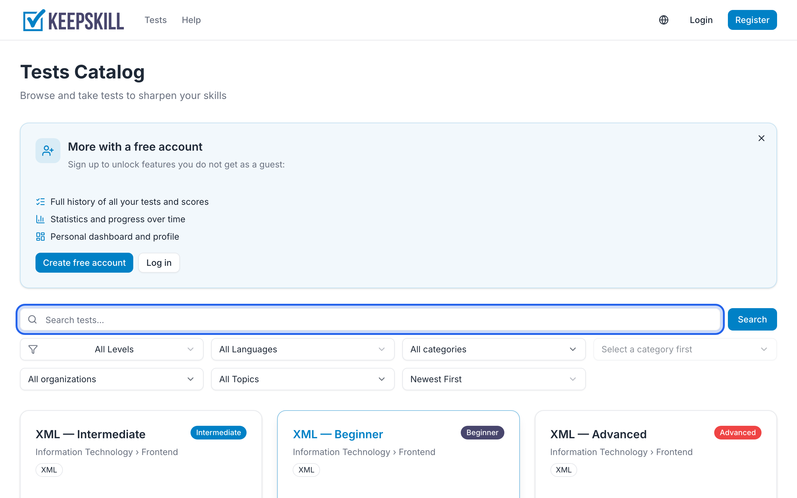 Search and filters above the test list.