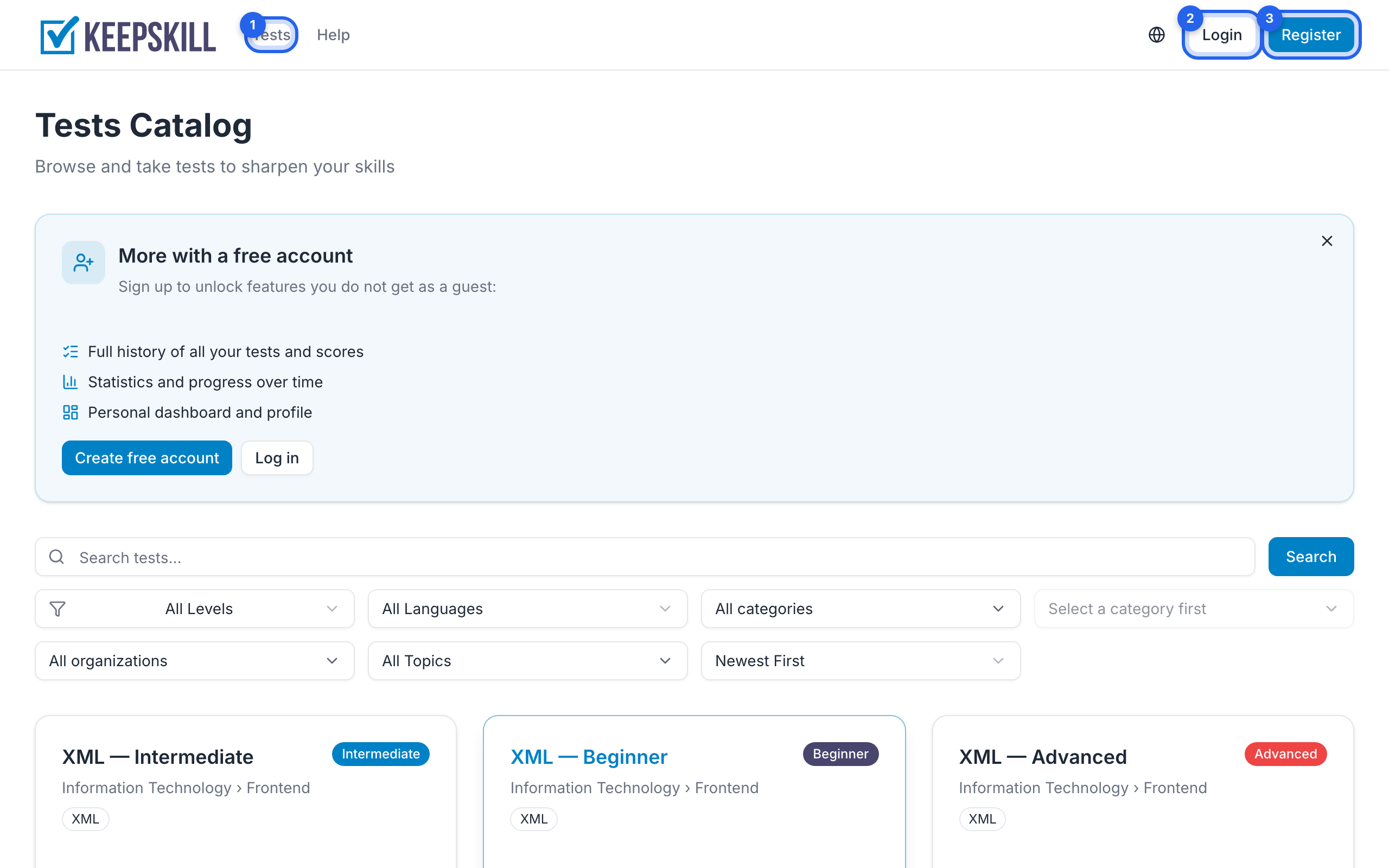 Catalog header: ① Tests, ② Sign in, ③ Register.