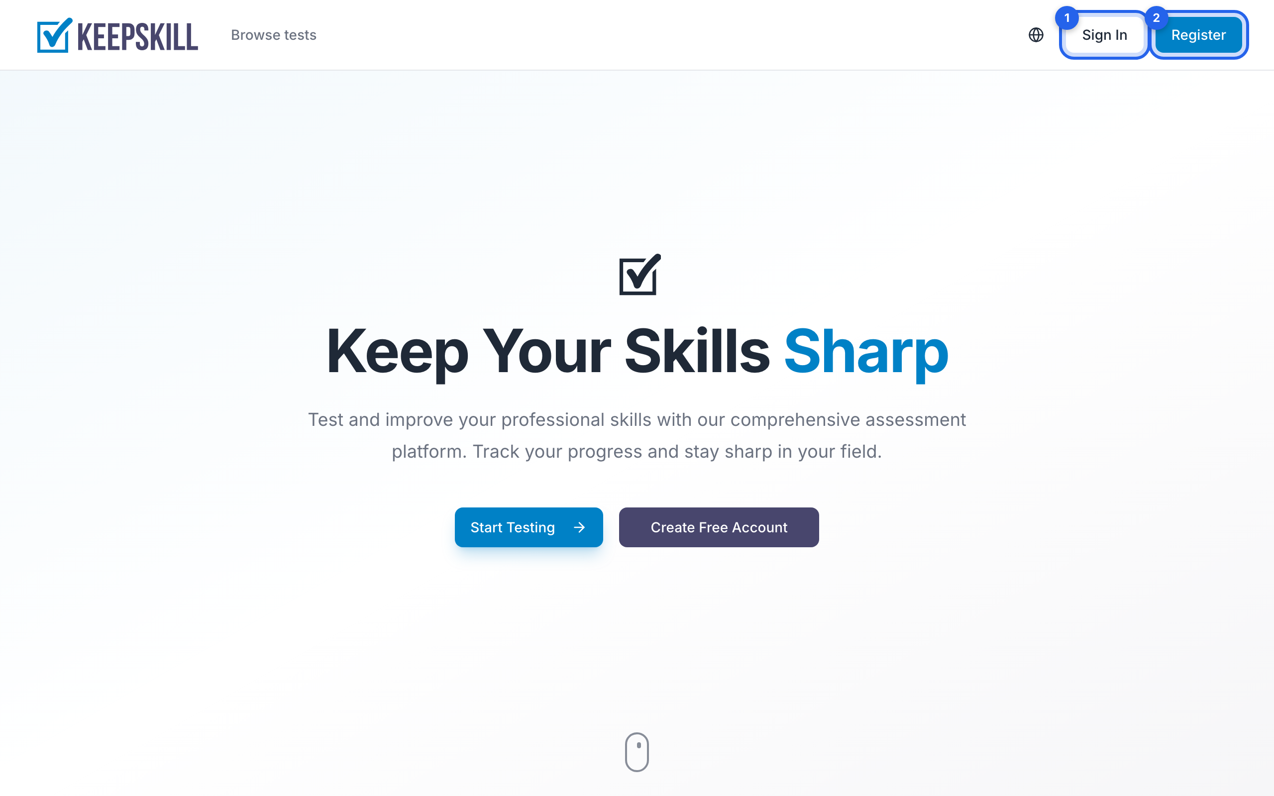 ① Sign in and ② Register in the header.