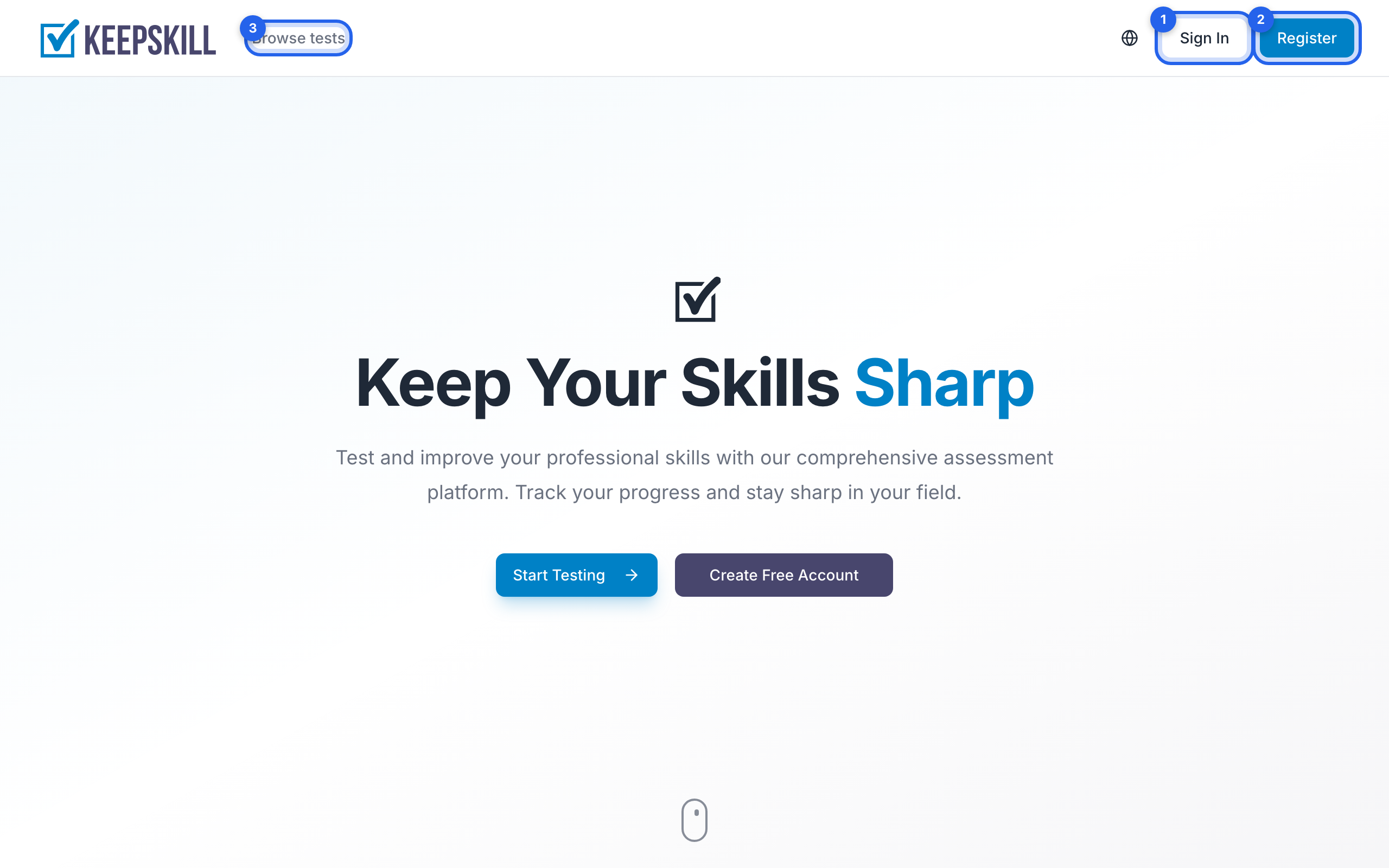 On the home page: ① Sign in, ② Register, ③ Browse tests.